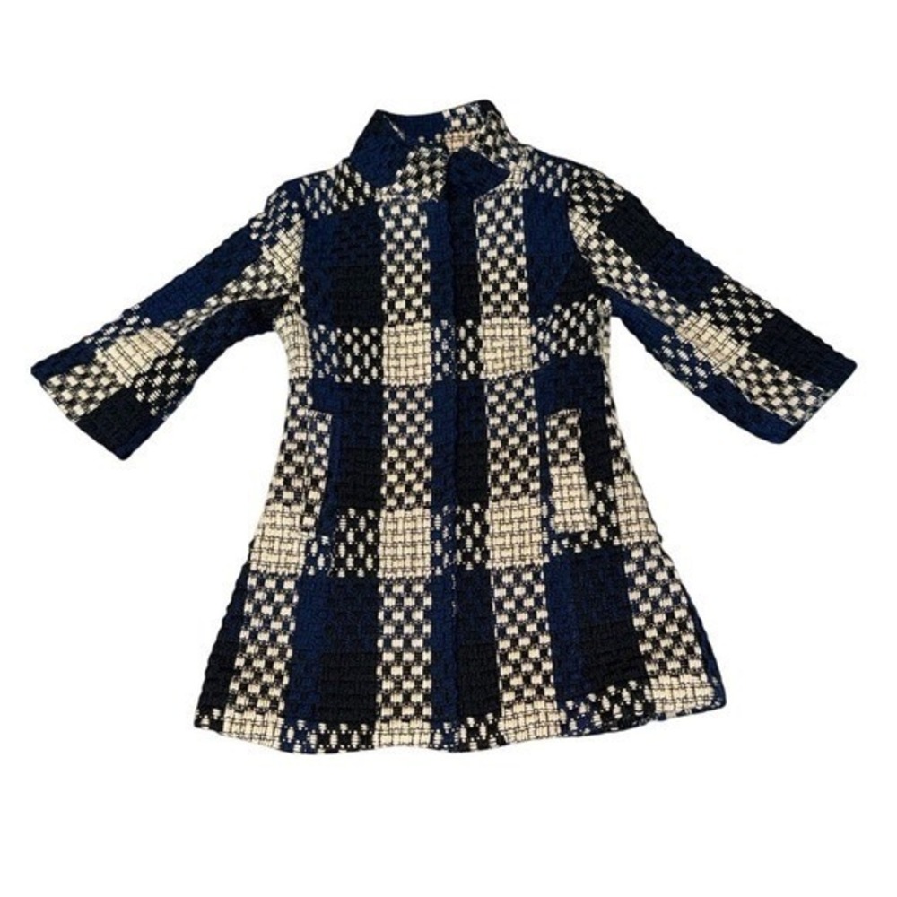VINTAGE Handmade Korean Textured Weave Coat Navy Blue Cream Plaid A-Line | Sz M